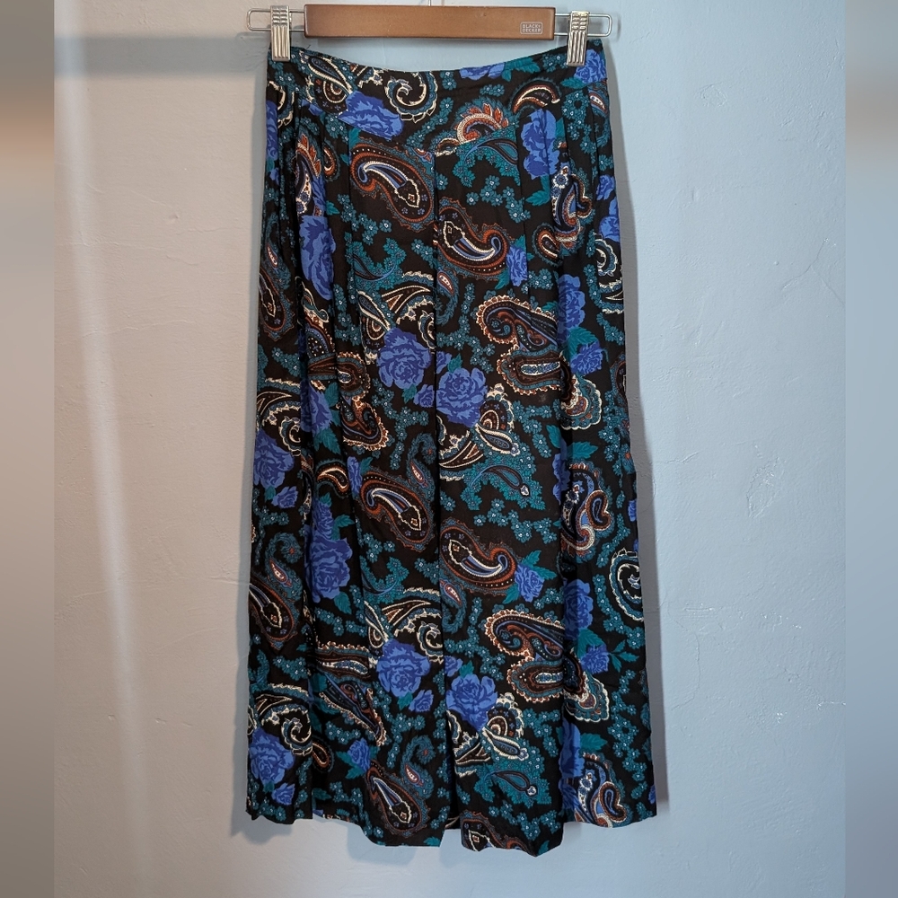 Vintage Boho Blue + Purple Floral Paisley Full Midi Skirt